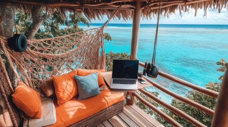 Digital nomad setup on balcony with ocean view, laptop, and headphonesの素材