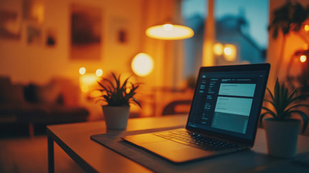 Cozy digital workspace featuring smart lighting, laptop, and project dashboard openの素材