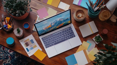 Elegant work table with laptop showing creative suite app, surrounded by color samplesの素材