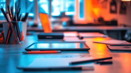 Creative workspace with digital stylus tablet, color calibration tools, and LED lightingの素材