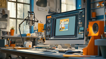 Home digital studio setup with editing software, wireless mic, and video interface openの素材