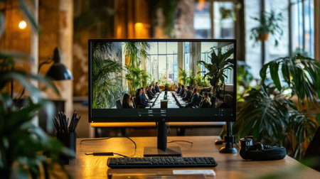 Home office monitor with open virtual town hall and QA box visibleの素材