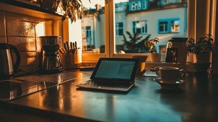 Kitchen counter turned into remote workspace with tablet, headset, and morning coffeeの素材
