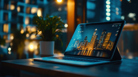 Portable digital office with tablet, Bluetooth keyboard, and cloud file sync in progressの素材