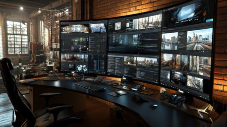 Modern workspace with ultra-wide monitor displaying multi-tab browser researchの素材