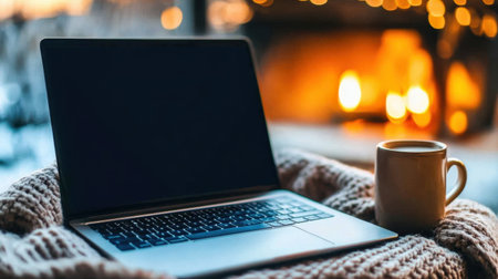 Work-from-home setup near fireplace with laptop, blanket, and coffee cupの素材