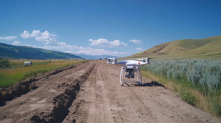 Advanced surveying drone hovering over graded land with real-time mapping displayedの素材