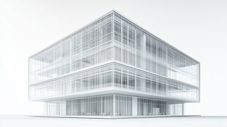 D wireframe model of commercial building with structural framework and utilities visibleの素材