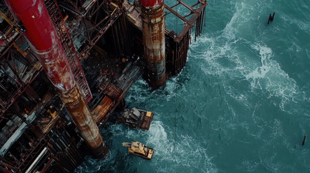 Aerial drone footage of bridge construction with visible pillars and machineryの素材