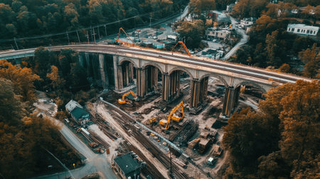 Aerial drone footage of bridge construction with visible pillars and machineryの素材