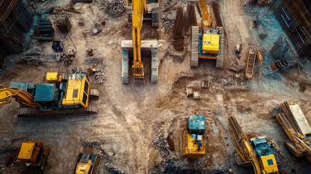 Aerial panorama of engineered roadway under construction with different lane stages visibleの素材