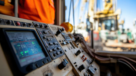 Advanced crane operating system visible on digital control panel on a siteの素材