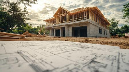 Blueprint and scaled model displayed at site office beside under-construction buildingの素材