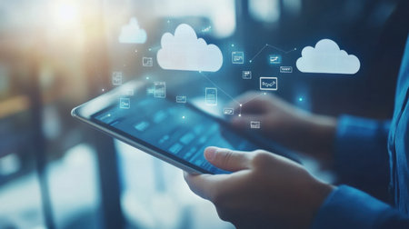 Cloud-based project management software in use on tablet at modern infrastructure siteの素材