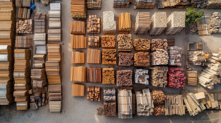 Birds-eye drone view of construction materials stored in grid formation onsiteの素材