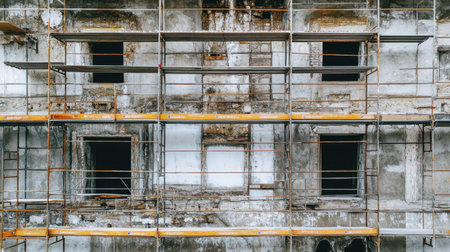 Concrete walls and scaffolding in place on a large modern construction projectの素材