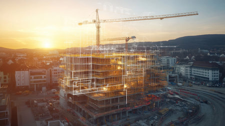 Construction blueprint overlaid on aerial drone shot of urban development siteの素材