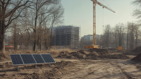 Construction site with cranes, solar panels, and digital project boards visibleの素材