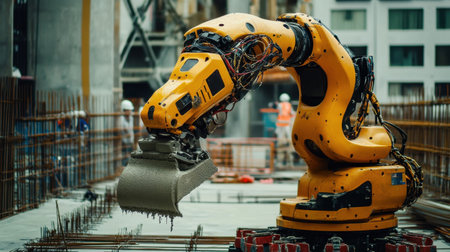 Construction robot equipped with sensors and AI systems performing concrete pouring with high accuracy on an urban construction siteの素材