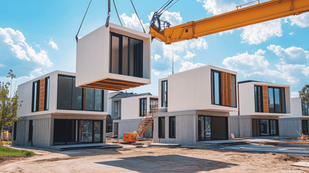 Crane lifting modular units for vertical installation in a modern construction areaの素材