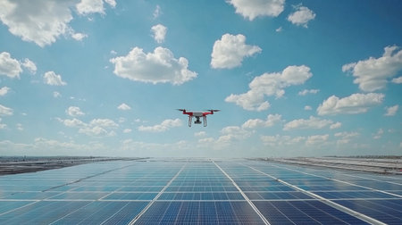 Drone inspecting solar panel installations on commercial construction roofの素材