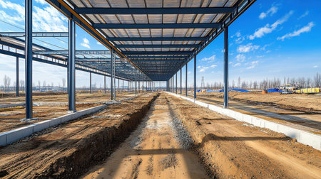 Detailed view of steel framework and concrete foundation under development in a large-scale construction engineering siteの素材