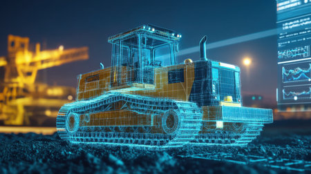 Digital site layout projected on ground with AR devices and smart bulldozer in backgroundの素材