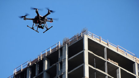 Drone capturing weekly progress of vertical construction for digital time-lapseの素材