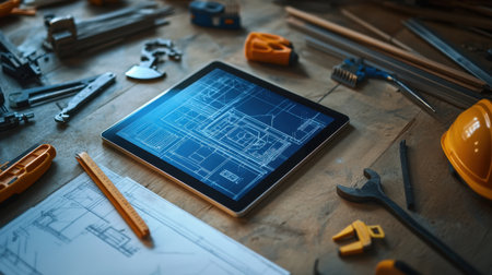 Digital blueprint displayed on tablet screen placed on a construction site table, surrounded by high-tech tools and materialsの素材