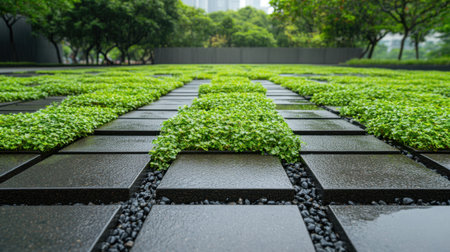 Detail shot of permeable paving and green landscaping in eco-friendly urban areaの素材