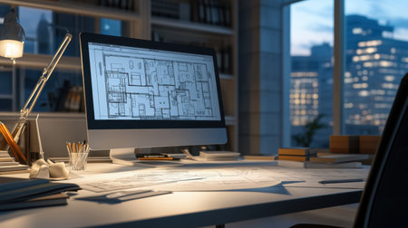 Fully digital blueprint table projecting D floor plan at modern construction officeの素材