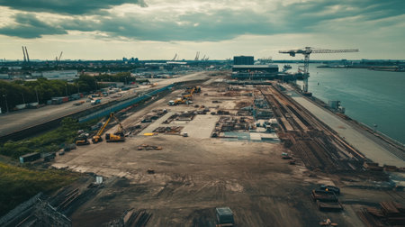 High-angle drone capture of airport expansion project and runway under constructionの素材