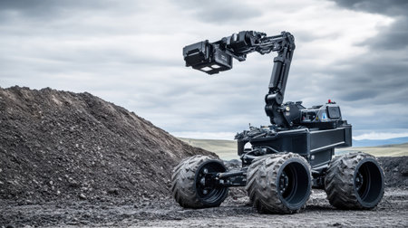 Ground-level view of a wheeled construction robot performing excavation with a robotic arm on a futuristic siteの素材