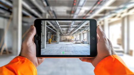 Tablet displaying virtual walkthrough of under-construction commercial buildingの素材