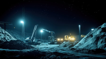 Night construction scene with smart lighting and autonomous machineryの素材