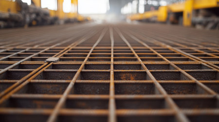 Steel reinforcement grids in place for slab pour at an active construction siteの素材