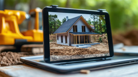 Tablet screen showing D house model next to construction site with robotic printerの素材
