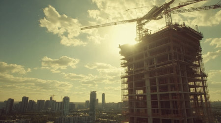 Wide angle shot of tower crane operating on high-rise commercial building siteの素材
