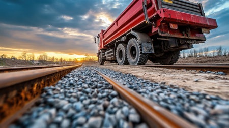 Bright red dump truck tilted, unloading gravel beside a rebar-framed road projectの素材