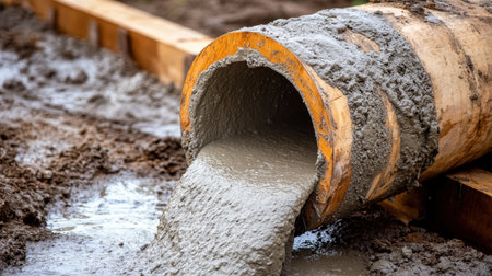 Drum of concrete mixer spinning while pouring fresh concrete into wooden frameの素材