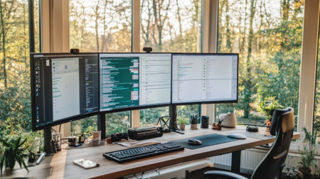 Multi-screen workstation running AI assistant, project scheduler, and automation toolsの素材