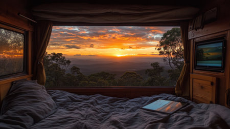 Window seat remote workspace with built-in desk, tablet, and scenic viewの素材