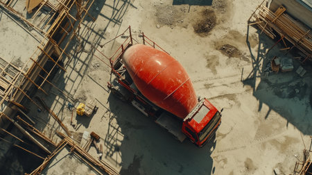 Aerial view of concrete mixer truck on construction yard with scaffoldingの素材