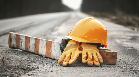 Hard hat, gloves, and ear protection set on top of road construction barricadeの素材
