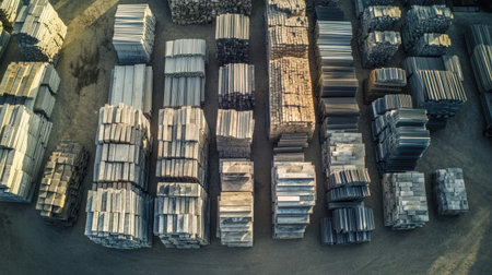 Birds-eye drone view of construction materials stored in grid formation onsiteの素材