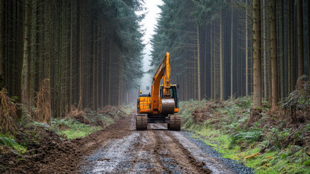 Bright yellow excavator leveling a gravel road surrounded by forest during rural infrastructure workの素材