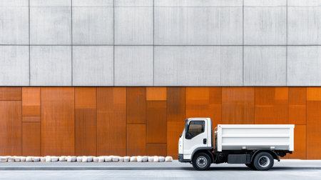 Bright white dump truck parked beside cement bags and timber planksの素材