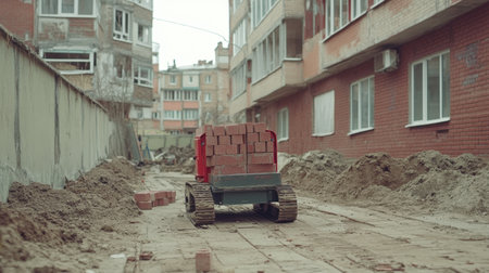 Compact autonomous loader robot stacking bricks and blocks neatly on a construction siteの素材