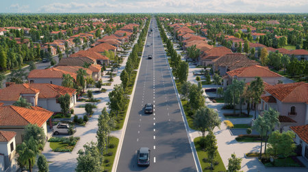 Birds-eye view of D neighborhood model showing roads, houses, and public parksの素材