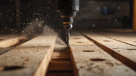Close-up of power drill bit drilling into wooden plank with dust flyingの素材
